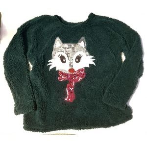 Green Sherpa Sequin Fox Long Sleeve Pullover Ugly Christmas Sweater L